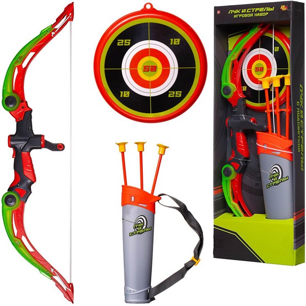 Игрушечное оружие Junfa toys Лук 59см с подсветкой с 3 стрелами, колчаном и мишенью S-00199 лук со стрелами красный/зеленый/серый/черный